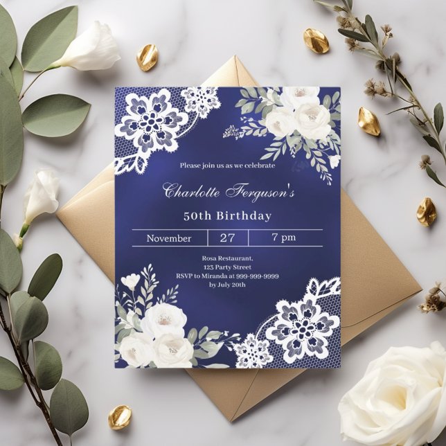 Navy blue white roses lace birthday invitation (Creator Uploaded)