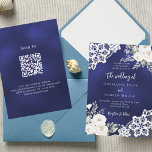 Navy blue white roses lace QR code wedding  Invitation<br><div class="desc">For an elegant and romantic wedding. A navy blue,  uneven coloured background decorated with white florals,  roses and white lace.  Personalise and add your names and details. 
Back: add your website url to the QR code for RSVP and/or more details.</div>