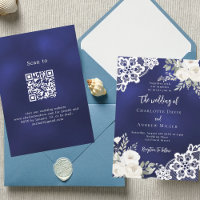 Navy blue white roses lace QR code wedding