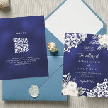 Navy blue white roses lace QR wedding invitation<br><div class="desc">For an elegant and romantic wedding. A navy blue,  uneven coloured background decorated with white florals,  roses and white lace.  Personalise and add your names and details. 
Back: add your website url to the QR code for RSVP and/or more details. 

1 sheet = 1 invitation printed edge to edge.</div>