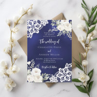 Navy blue white roses lace wedding invitation