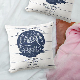 Navy Blue White Rustic Wood Lake House Family Name Cushion