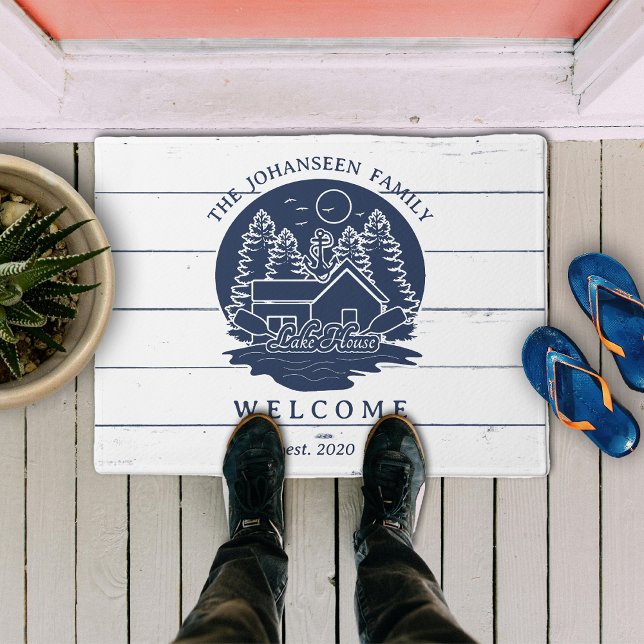 Navy Blue & White Rustic Wood Nautical Lake House Doormat (Creator Uploaded)