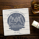 Navy Blue & White Rustic Wood Nautical Lake House  Stone Coaster<br><div class="desc">Add a touch of nautical charm to your home with our Navy Blue & White Rustic Wood Nautical Lake House Stone Coaster! Featuring a delightful lake house logo in elegant navy blue hues, complete with pine trees, canoe paddles, a serene water pond, anchors, and a cosy house illustration on a...</div>