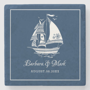 Navy-blue & white sailing boat stone coaster