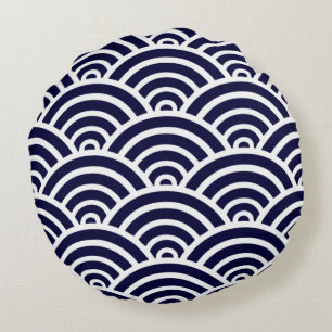 Navy Blue & White Scallop Pattern Round Pillow