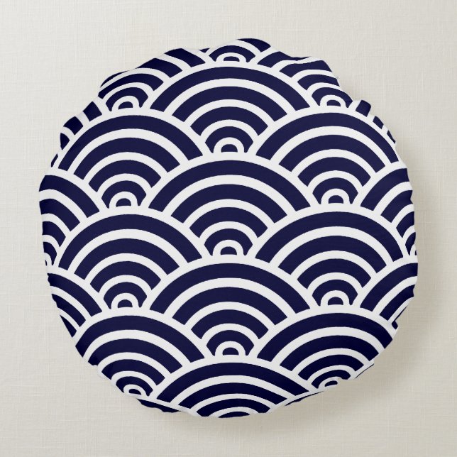 Navy Blue & White Scallop Pattern Round Pillow (Back)