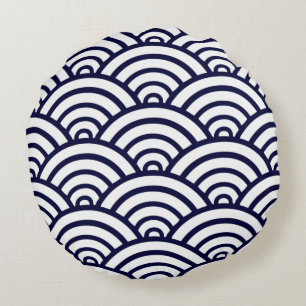 Navy Blue & White Scallop Pattern Round Pillow
