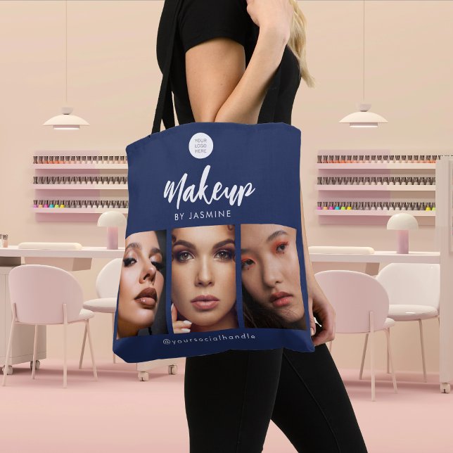 Navy Blue White Script Logo Photo Makeup Studio  Tote Bag (Creator Uploaded)