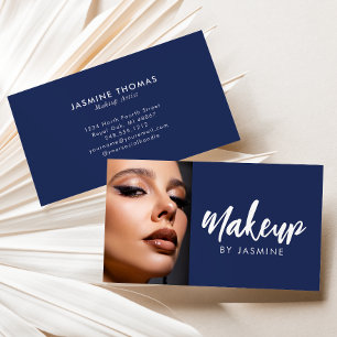 Navy Blue White Script Photo Makeup Business Card