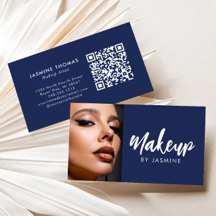 Navy Blue White Script QR Code Photo Makeup Business Card