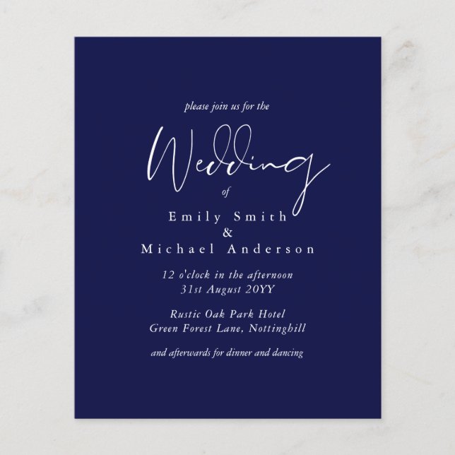 Navy Blue White Script Typography Budget Wedding (Front)