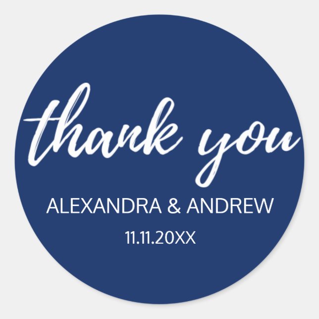 Navy Blue White Script Wedding THANK YOU Classic Round Sticker (Front)