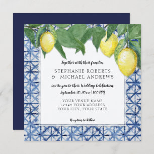 Navy Blue White Shibori X Pattern w Lemon Branch Invitation