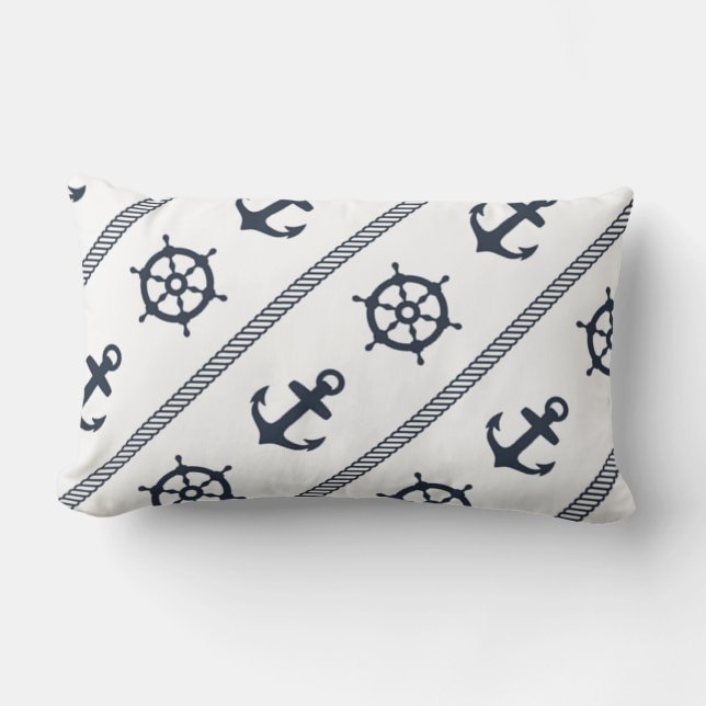 Navy Blue White Ship Wheel Anchor Nautical Boys Lumbar Cushion (Front)