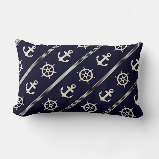 Navy Blue White Ship Wheel Anchor Nautical Boys Lumbar Cushion (Front)