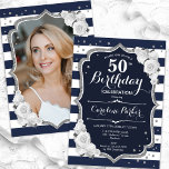 Navy Blue White Silver Photo 50th Birthday Invitation<br><div class="desc">Elegant floral feminine 50th birthday invitation with your photo at the back of the card. Glam navy white design with faux glitter silver. Features navy blue and white stripes, white roses, script font and confetti. Perfect for a stylish adult bday celebration party. Personalise with your own details. Can be customised...</div>