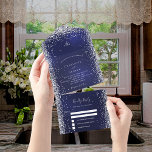 Navy blue white silver rsvp wedding all in one invitation<br><div class="desc">A trendy navy blue background decorated with white and faux silver sparkles. The blue colour is uneven. Personalise and add your names,  monogram and wedding details. White coloured letters.</div>