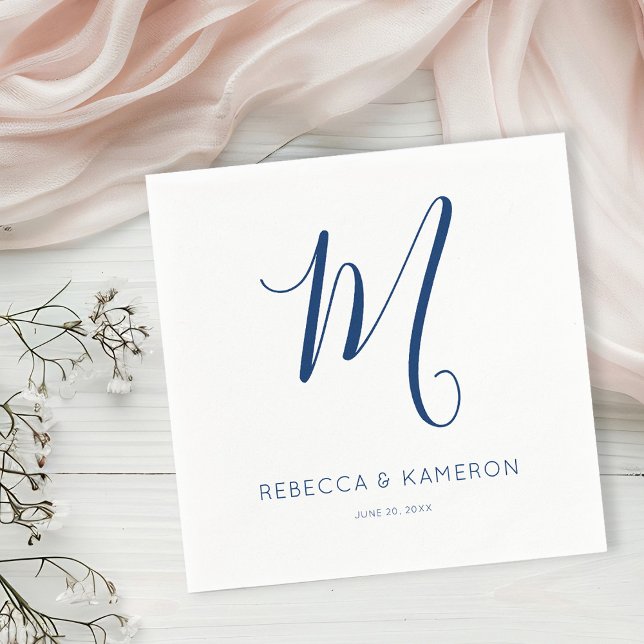 Navy Blue & White Simple Elegant Monogram Wedding Napkin (Creator Uploaded)