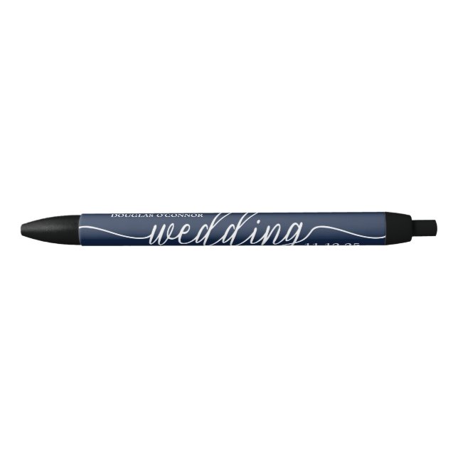 Navy Blue & White Simple Script Wedding Favor Black Ink Pen (Front)