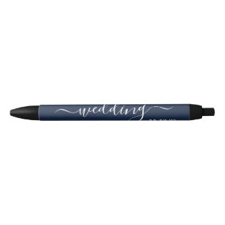 Navy Blue & White Simple Script Wedding Favour Black Ink Pen