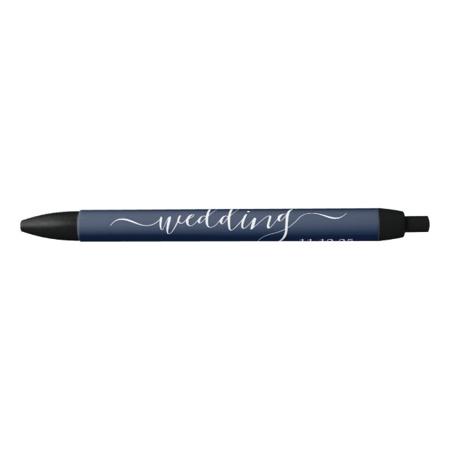 Navy Blue & White Simple Script Wedding Favour Black Ink Pen (Front)