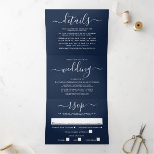 Navy Blue & White Simple Script Wedding Suite Tri-Fold Invitation