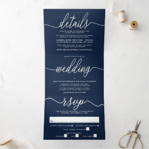 Navy Blue & White Simple Script Wedding Suite Tri-Fold Invitation