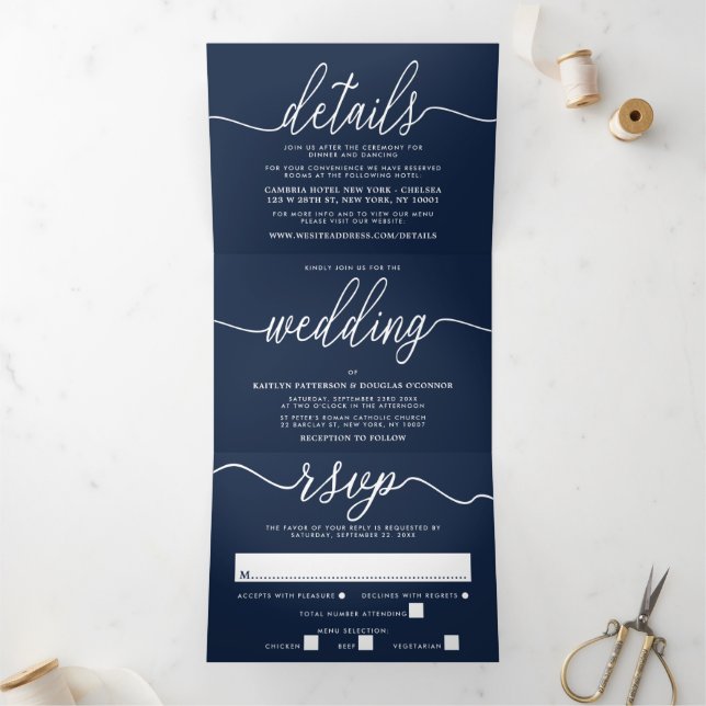 Navy Blue & White Simple Script Wedding Suite Tri-Fold Invitation (Inside)