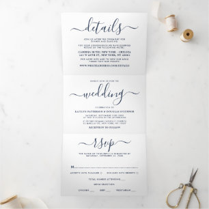 Navy Blue & White Simple Script Wedding Suite Tri-Fold Invitation