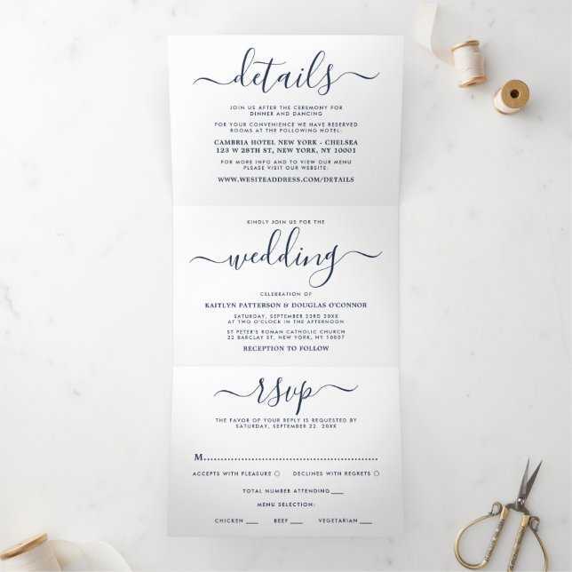 Navy Blue & White Simple Script Wedding Suite Tri-Fold Invitation (Inside)