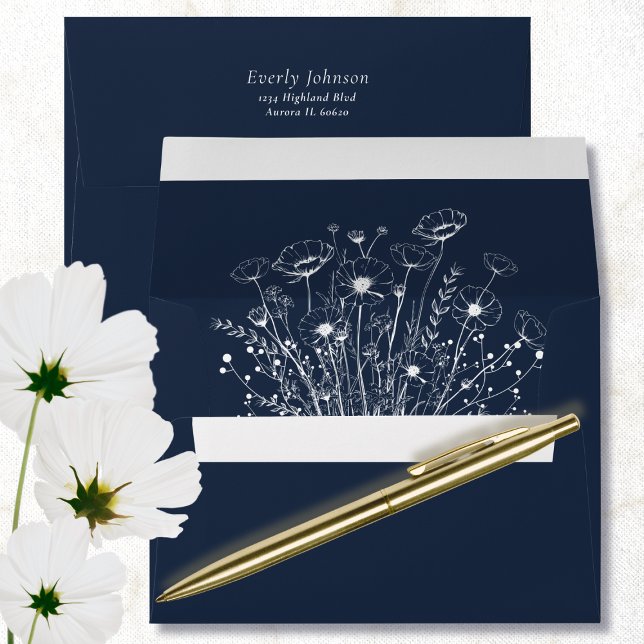 Navy Blue White Simple Wildflower Floral Wedding Envelope (Creator Uploaded)