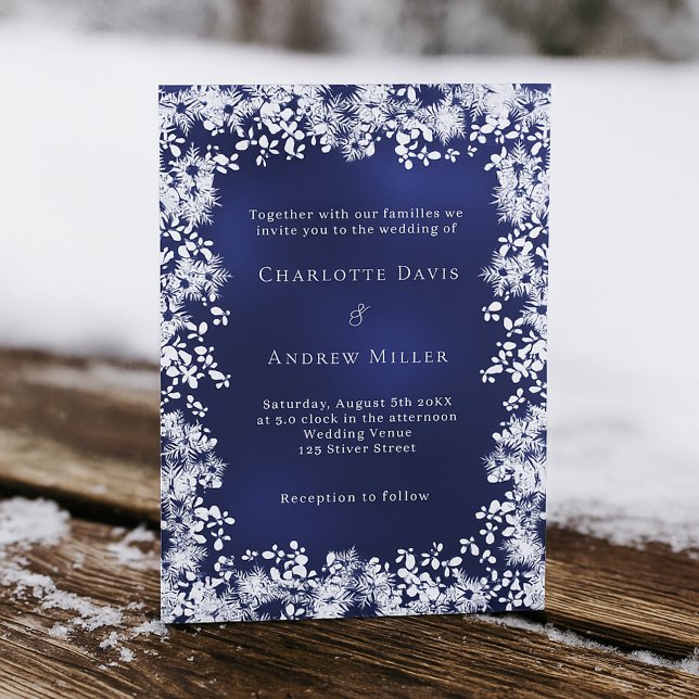 Navy blue white snowflakes winter wedding invitation (Creator Uploaded)