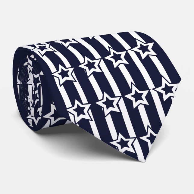 Navy Blue White Star Stripes Pattern Tie (Rolled)