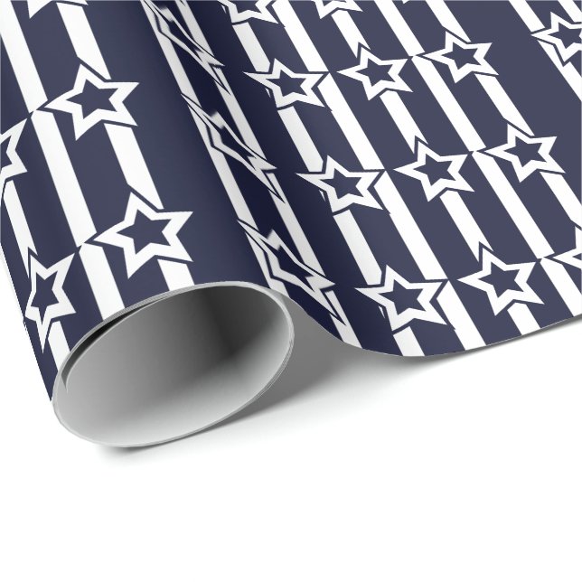 Navy Blue White Star Stripes  Wrapping Paper (Roll Corner)