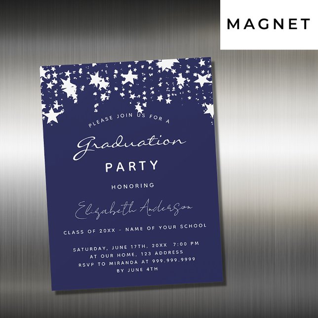 Navy blue white stars Graduation party luxury Magnetic Invitation (Creator Uploaded)