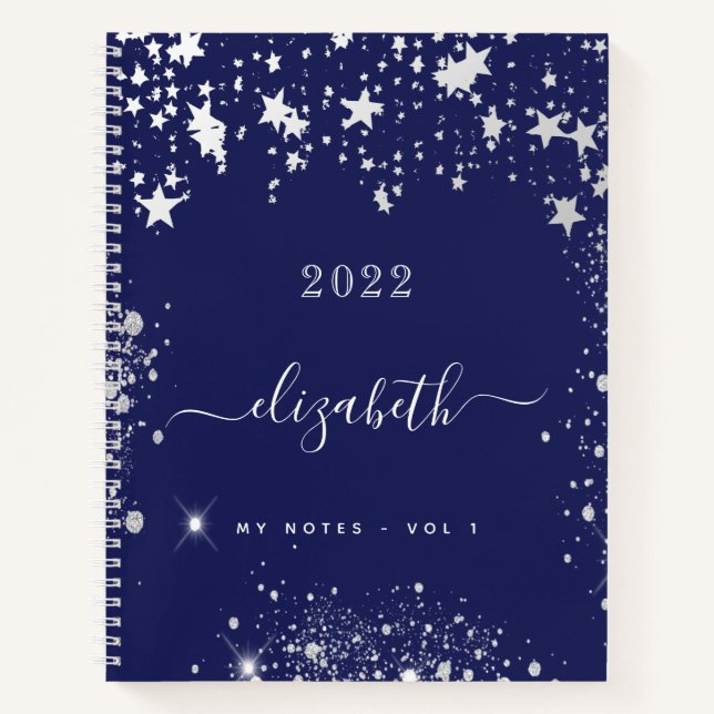 Navy blue white stars monogram script notebook (Front)