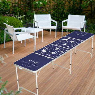 Navy blue white stars monogram wedding beer pong table