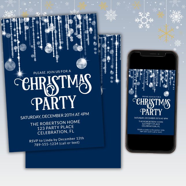 Navy Blue White String Lights Christmas Party  Invitation (Creator Uploaded)