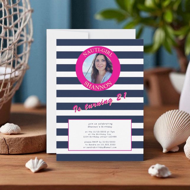 Navy Blue White Stripe 21st Birthday photo Invitation (Creator Uploaded)