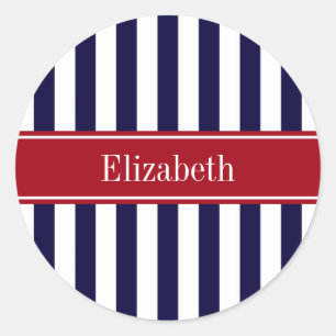 Navy Blue White Stripe Cranberry Name Monogram Classic Round Sticker