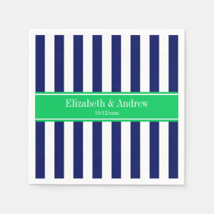 Navy Blue White Stripe Emerald Green Name Monogram Napkin