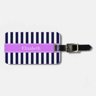 Navy Blue White Stripe Lilac Name Monogram Luggage Tag
