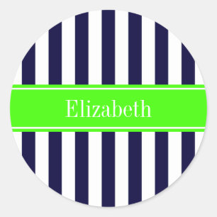 Navy Blue White Stripe Lime Name Monogram Classic Round Sticker
