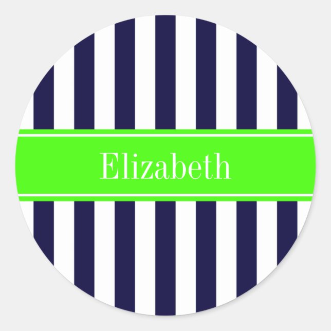 Navy Blue White Stripe Lime Name Monogram Classic Round Sticker (Front)