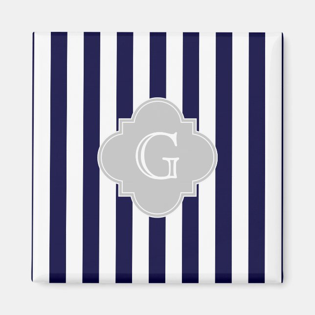 Navy Blue White Stripe Lt Grey Quatrefoil Monogram Magnet (Front)