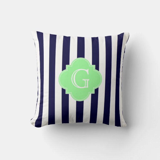 Navy Blue White Stripe Mint Quatrefoil Monogram Cushion (Front)