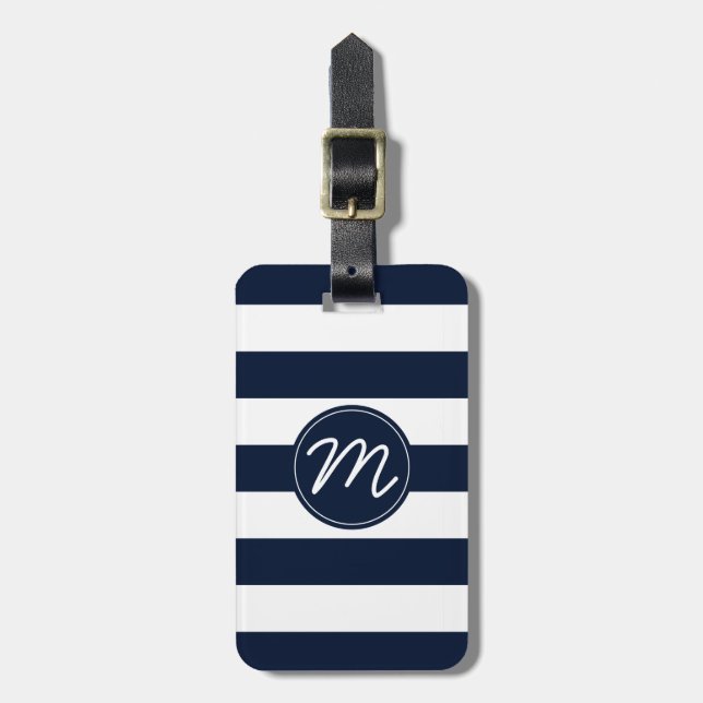 Navy Blue & White Stripe Personalised Luggage Tag (Front Vertical)