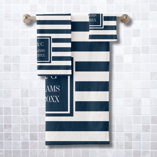 Navy Blue White Stripe Personalised Monogram Bath Towel Set (Creator Uploaded)