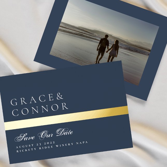 Navy Blue White Stripe Photo Save The Date (Creator Uploaded)